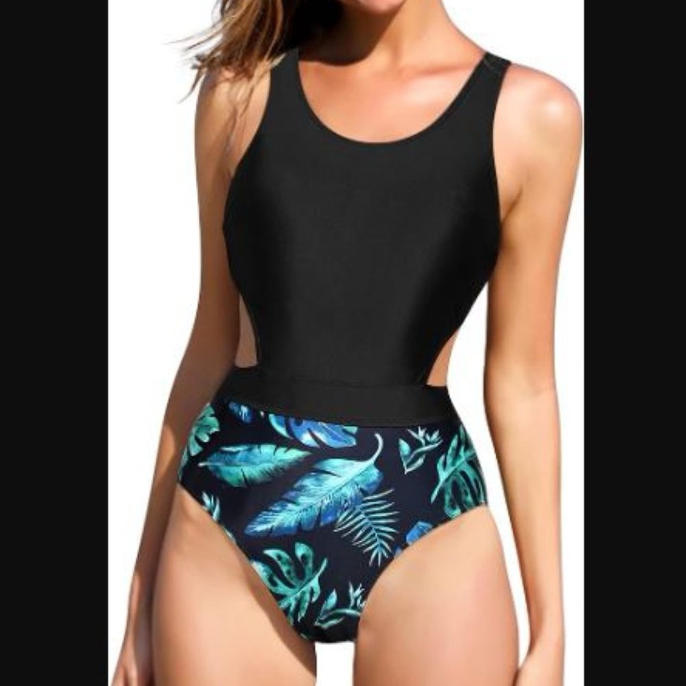 Black Tropical One Piece Swimsuit - Picture 1 of 8